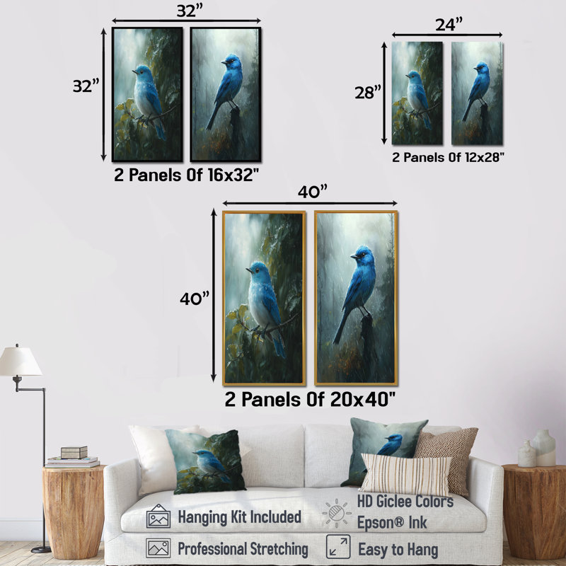 «Bluebird In The Forest Rain I», collection d'art mural 2 panneaux animaux, H 28 po x l 25 po, Toile tendue
