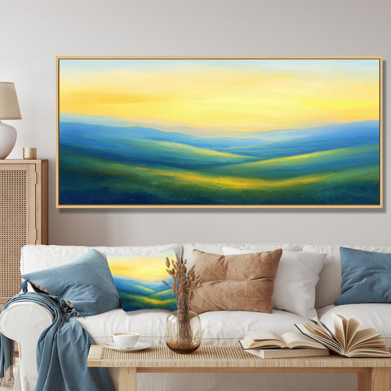 «Rolling Hills At Dawn IV», campagne, H 28 po x l 60 po, Cadre flottant, Naturel