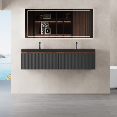 Ensemble de meuble-lavabo flottant 60 po avec lavabo 60 po, armoire de rangement murale moderne rayée avec tiroirs à fermeture en douceur et double cuve en quartz
