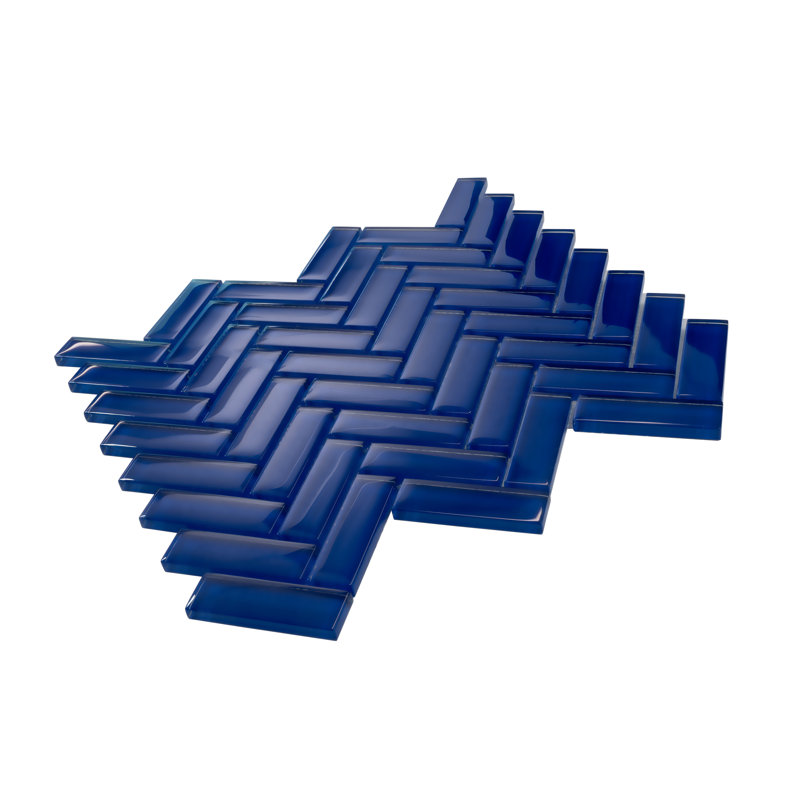 11"X 12.6" Herringbone Polished Glass Mosaic Tile, Cobalt Blue
