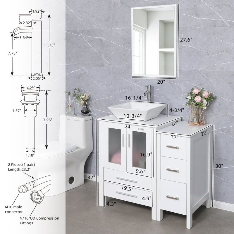  Ensemble de meuble-lavabo simple 36 po avec lavabo vasque, plateau en bois manufacturé, robinet, drain, Blanc, Blanc