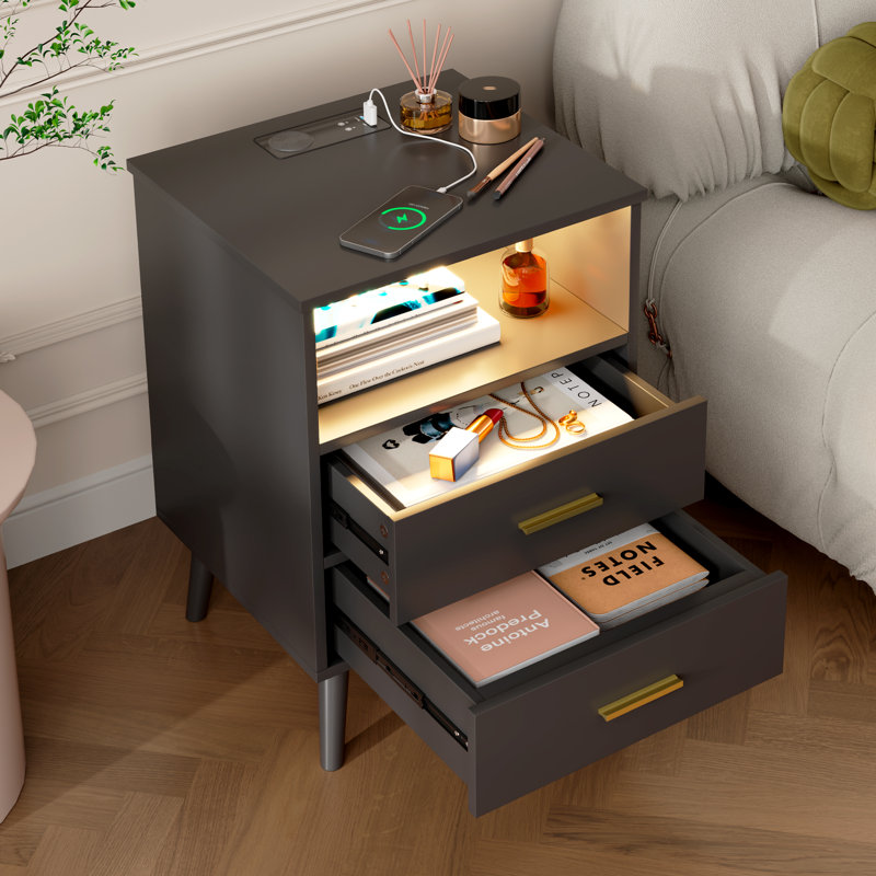 25.6''H Nightstand With Hidden Drawer, Bedside Table With Charging Station & Sensor Lights, Black