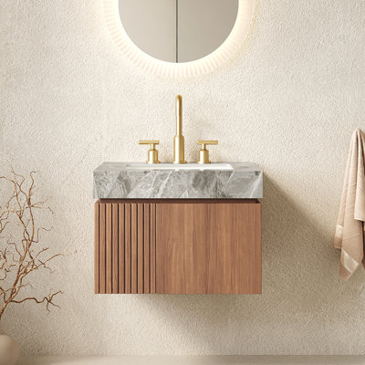 Meuble-lavabo 24 po, armoire de rangement flottante en contreplaqué avec 2 portes, comptoir en pierre frittée gris clair et lavabo en céramique avec 3 trous de robinet pré-percés, pré-assemblé, grain de bois de chêne brun