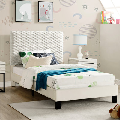 White  Twin 3D Upholstered Platform Bed - Reinforced Center Rails Elegant Bedroom Addition In Breathable Headboard & Side Panels Modern Design