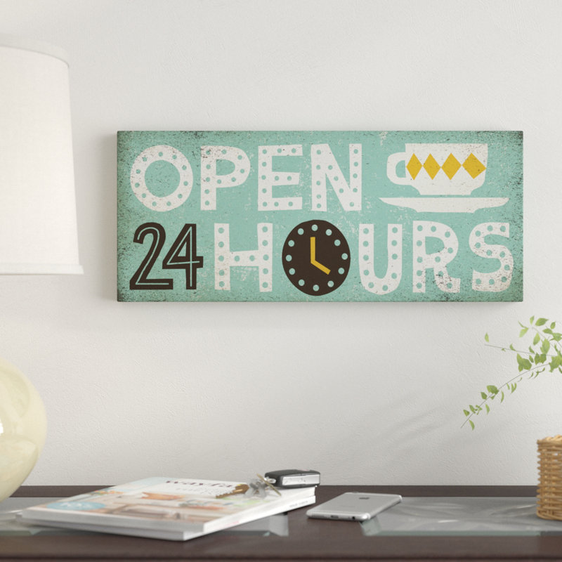 «Retro Diner Open 24 Hours Panel» par Michael Mullan, reproduction d'art textuel sur toile, H 14 po x l 32 po x P 2 po