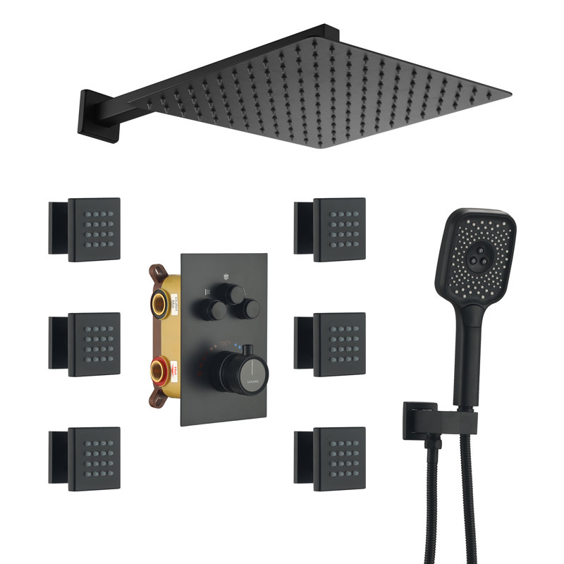 Système de douche thermostatique mural à 3 fonctions 12 pouces avec 6 jets corporels Revitalize, Noir mat