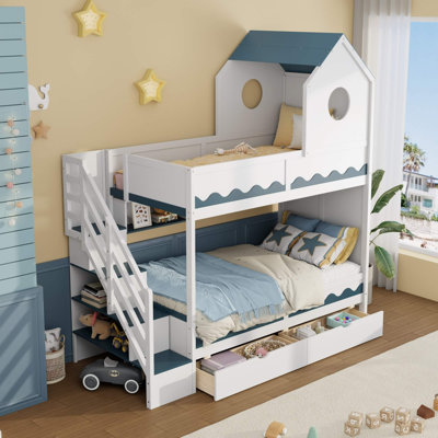 Lit superposé simple au-dessus de simple avec conception de maison, escalier de rangement, tiroirs et éclairage à DEL pour enfants