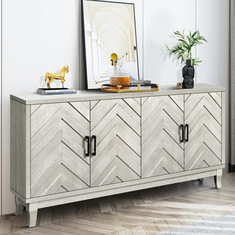 Buffet 4 portes en bois au style unique pour les portes d'armoires en bois massif et finition laquée, Champagne Silver