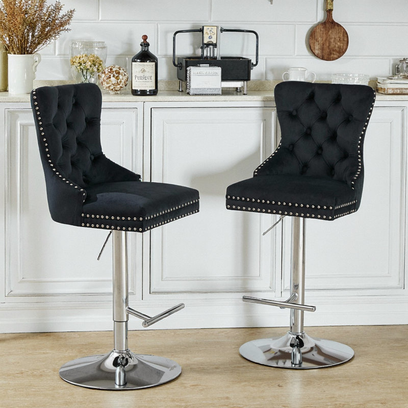 Set of 2 Black Velvet Adjustable Bar Stools, Swivel Chrome Base w/ Tufted Back & Diamond Pleating, 25-33" Height, Black