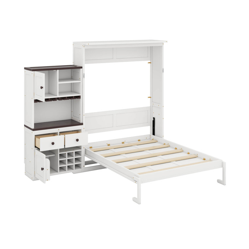 Grand lit escamotable avec armoire de rangement, support à vin, porte-verre, tiroirs et bande DEL, Blanc