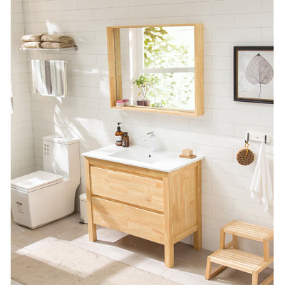 Meuble-lavabo en bois d'hévéa de style japonais avec lavabo en céramique