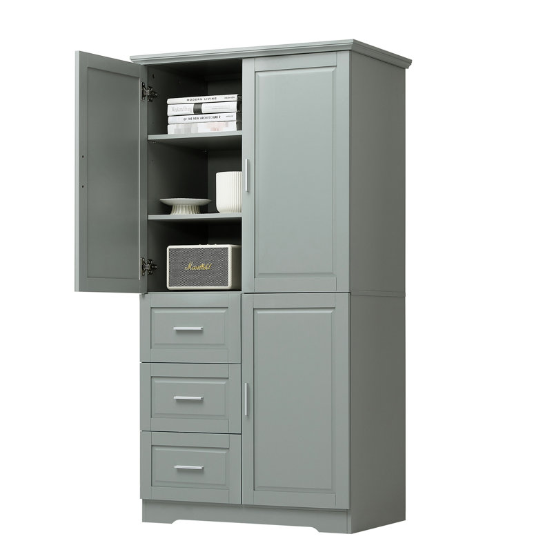 Armoire grise avec portes et 3 tiroirs pour la salle de bain / bureau. Tableau, planche à eau, tablette réglable, trousse d'installation facile pour salle de bain et bureau, tiroirs. Matériau, tablettes, appareil, installation