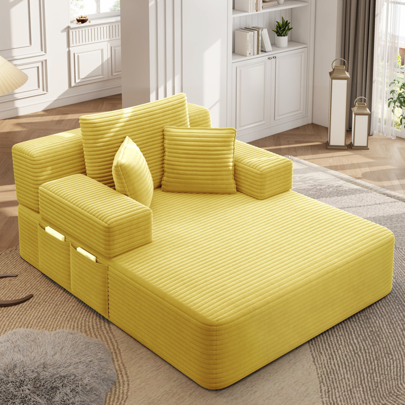 Canapé-lit rembourré 48,5 po en velours côtelé double avec 2 coussins et poches latérales - aucun assemblage requis, Jaune