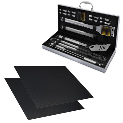 Ensemble 18 pièces d'accessoires pour barbecue - 15 outils de barbecue en acier inoxydable avec étui de transport et ensemble de 2 tapis de barbecue antiadhésifs réutilisables par Home-Complet