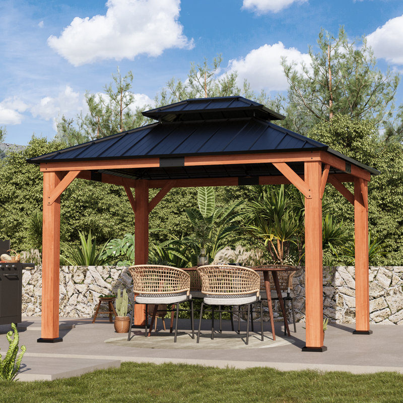 Rosewood 11 Ft. X 13 Ft. Premium Cedar  Wood Framed Hard Top Patio Gazebo With 2-Tier Metal Roof