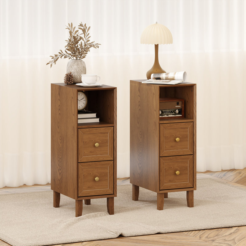 Ensemble de tables de bout à 2 tiroirs avec tablettes de rangement et table d'appoint moderne en bois (ensemble de 2), Noyer