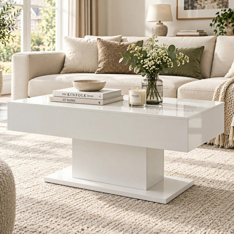 Alpena High Gloss LED Rectangle Coffee Table with Open Storage, White