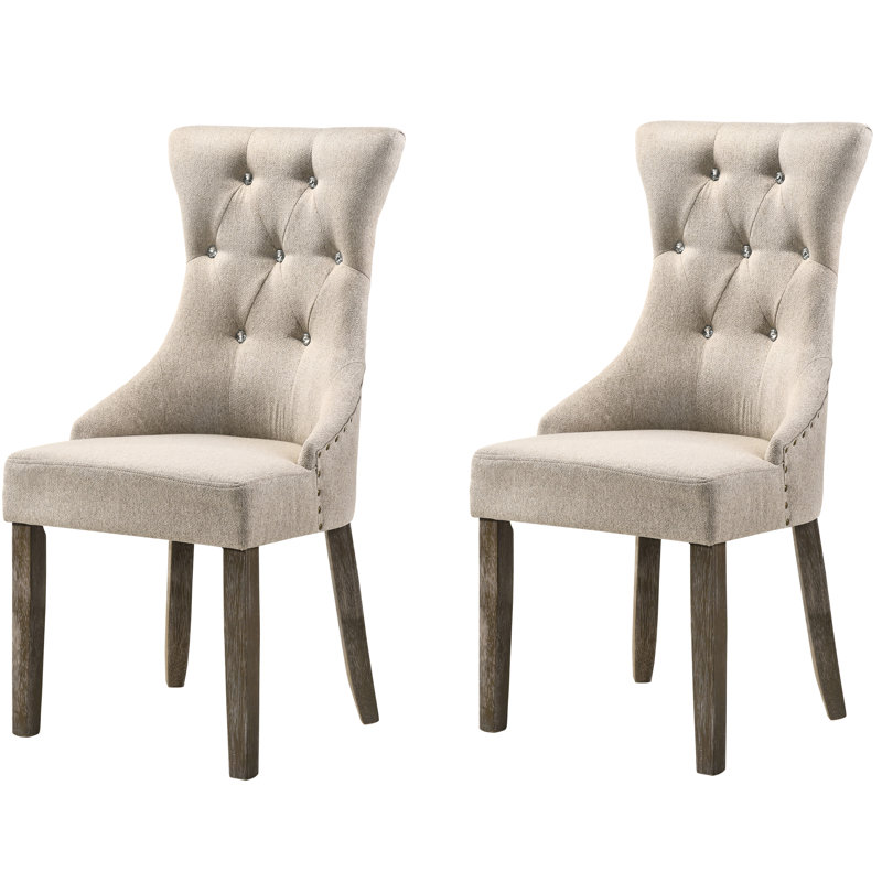 Ensemble de 2 chaises pour salle à manger beiges et grises - Style rustique, revêtement en tissu doux, pieds en bois recyclé, élégance.