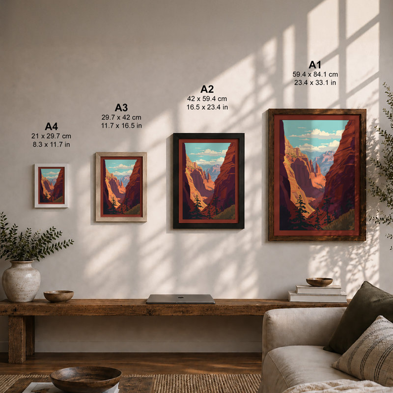 Canyon Peaks Art Deco - Framed Print, A4 - 29.7 x 21.0 cm, Walnut