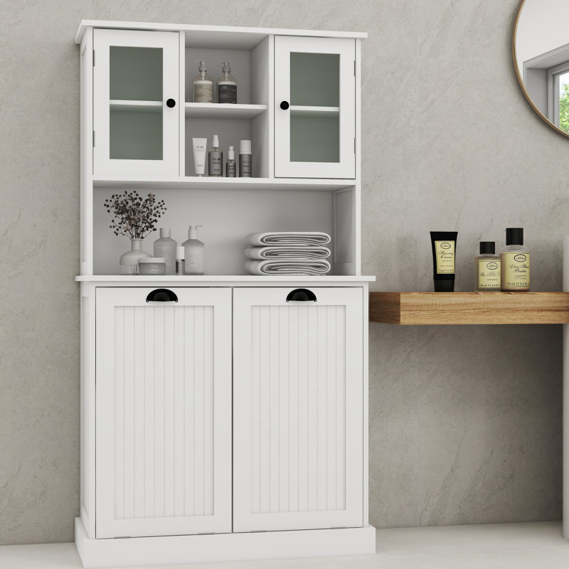 White Laundry Storage Cabinet With Adjustable Shelves And Frame Removable Bags - Finish, White