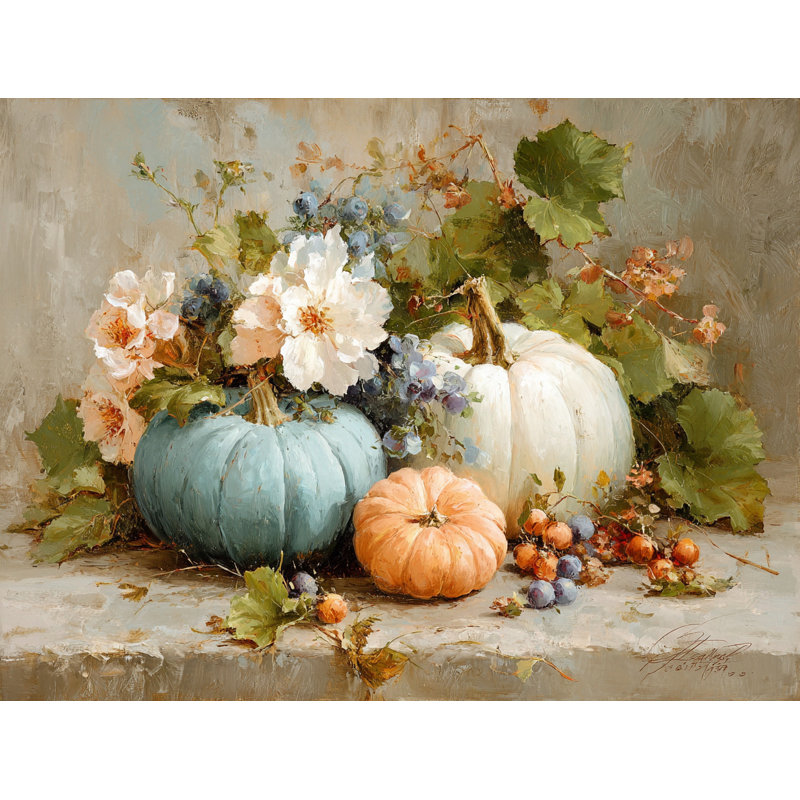 Automne citrouilles et fleurs sur toile tendue, H 16 po x l 24 po