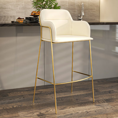 Tabouret de bar rembourré Wainaku - base en acier inoxydable doré, siège en similicuir rembourré à dossier bas, sièges d'appoint contemporains