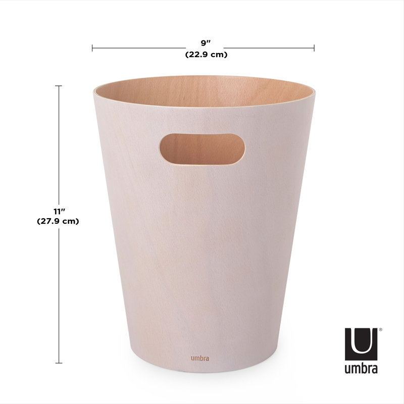 White and Natural Wood Bathroom Trash Can with Handles