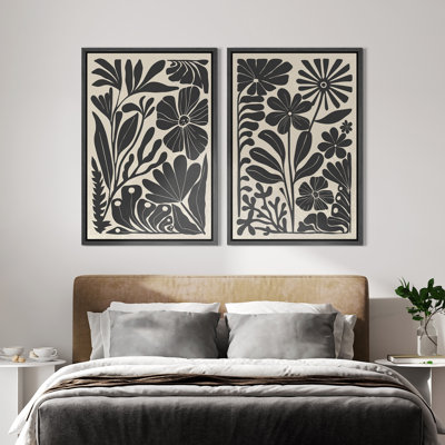 Abstract Botanical "Boho Black And Beige Floral Artwork, Mid Century Modern Abstract Wall Pictures, Framed Canvas Giclée Print 2 Pieces Wall Art"