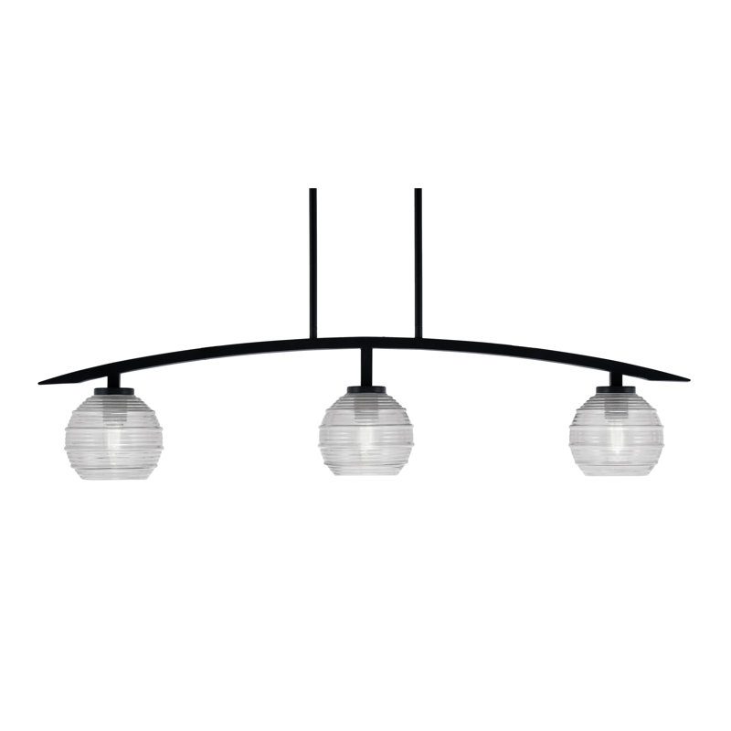 Kurve 3 Light Island Light Shown In Matte Black Finish With 6" Clear Ribbed Glass
