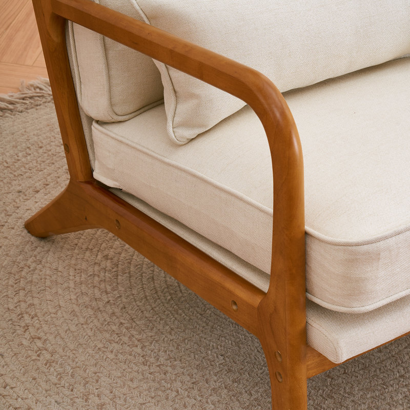 Chaise d'appoint Mid-Century moderne en lin blanc cassé avec accoudoirs en chêne massif, Beige, 1
