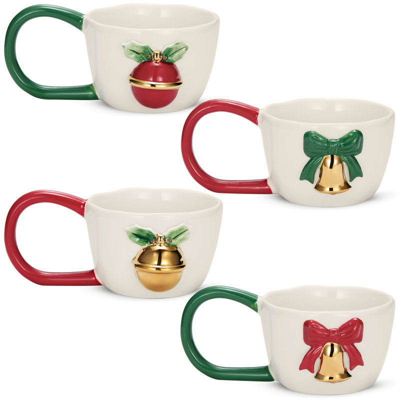  Tasses de Noël en céramique avec poignées décoratives, 10 oz, ensemble de 4, collection Holiday