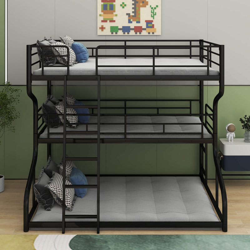 Full XL Over Twin XL Over Queen Size Triple Bunk Bed With Long And Short Ladder, Black
