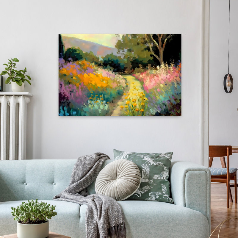 Fleur bordée de chemin coloré, paysage romantique paisible, art mural