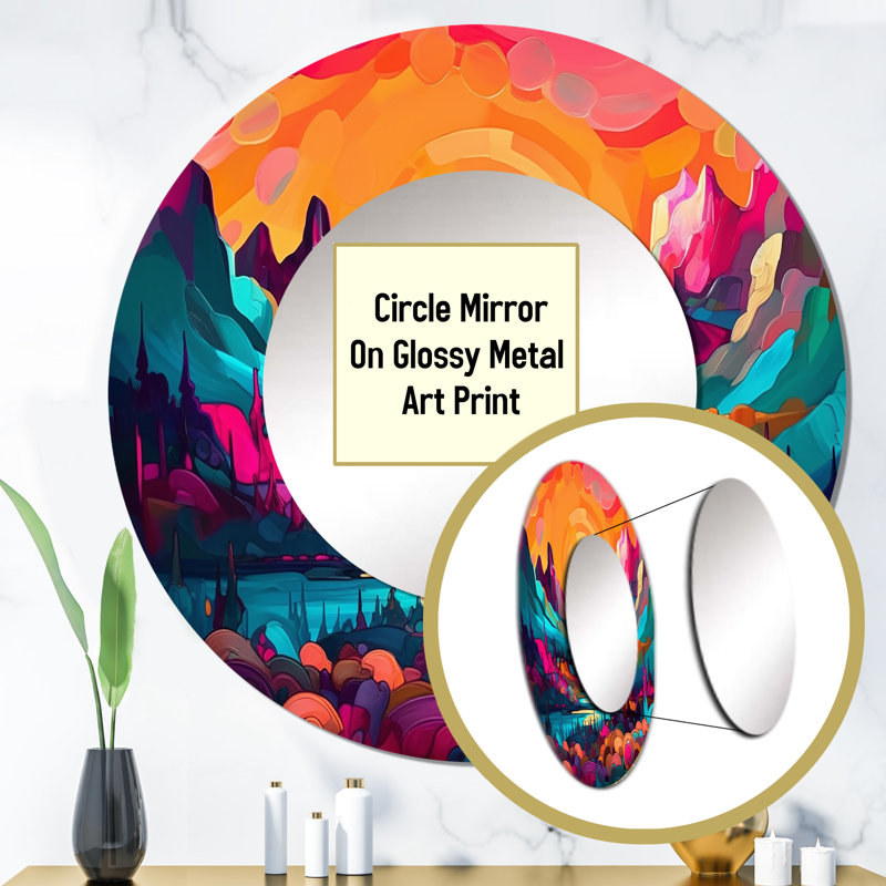 Peytan Vibrant Sunset Shining Over Mountains III - Mountains Decorative Mirror, Orange Wall Mirror, Printed Metal Art, Round