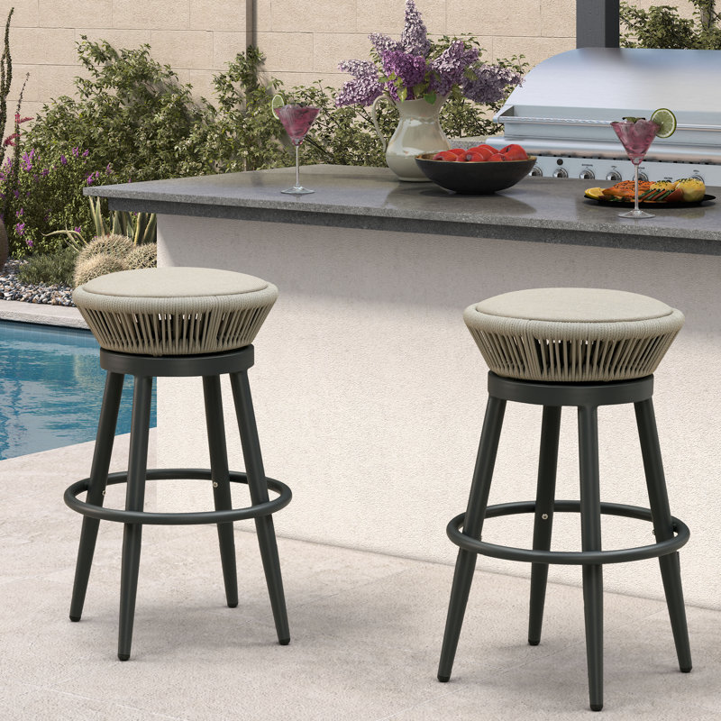 Mauve d'extérieur 2 pièces Tabourets de bar rotatifs modernes, chaises de bar en aluminium sans dossier avec coussin, Grey