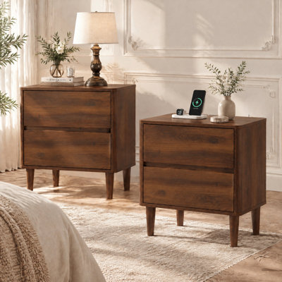 Ensemble de 2 tables de chevet de style milieu du siècle avec poste de recharge, table de chevet et 2 tiroirs