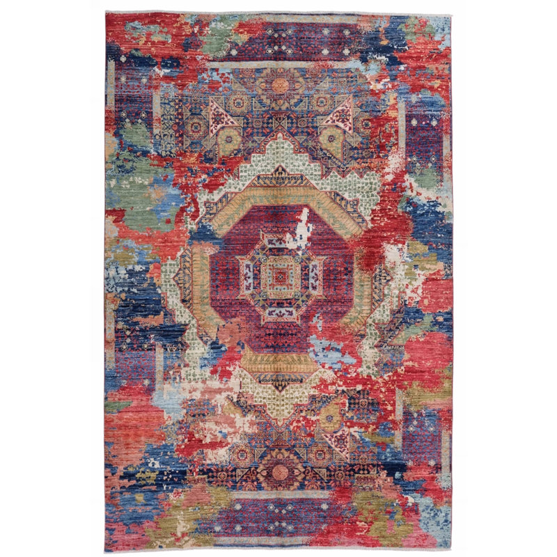 High-Quality Hand-Knotted Red And Navy Area Rug