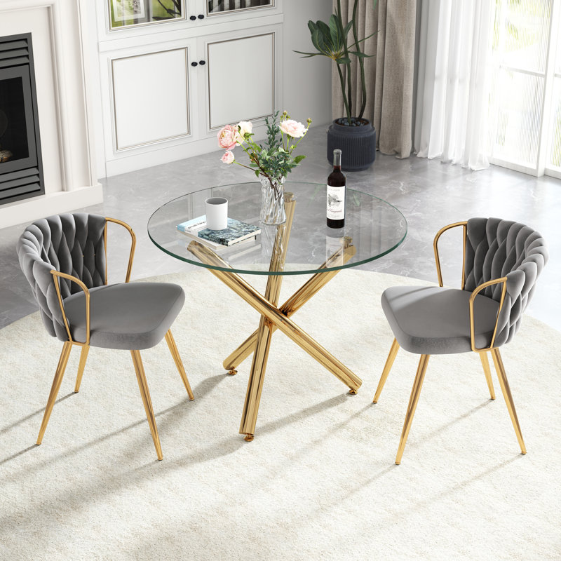 Ensemble de table de salle à manger Elegant, 3 pièces: table, 2 chaises, Gris, Doré