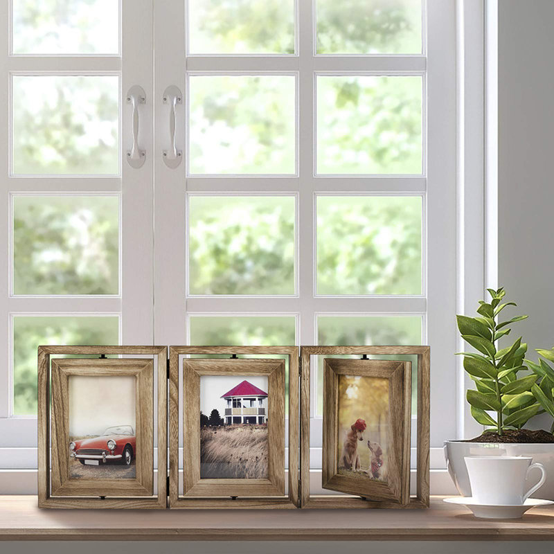 4X6 Picture Frame Rustic Wood Hinged Folding Triple Picture Frames Collage, Double-Sided Display Rotatable High Definition Glass Photo Frame For Home Tabletop(Carbonized Black)