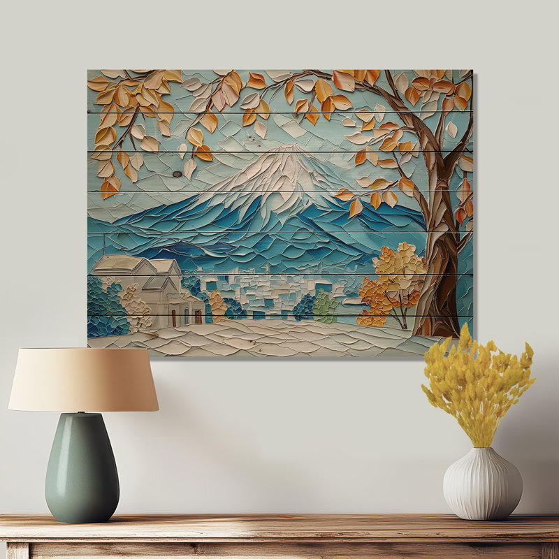 Abstrait, Mont Fuji au Japon II - Art mural en bois sur bois de pin naturel, H 34 po x l 44 po