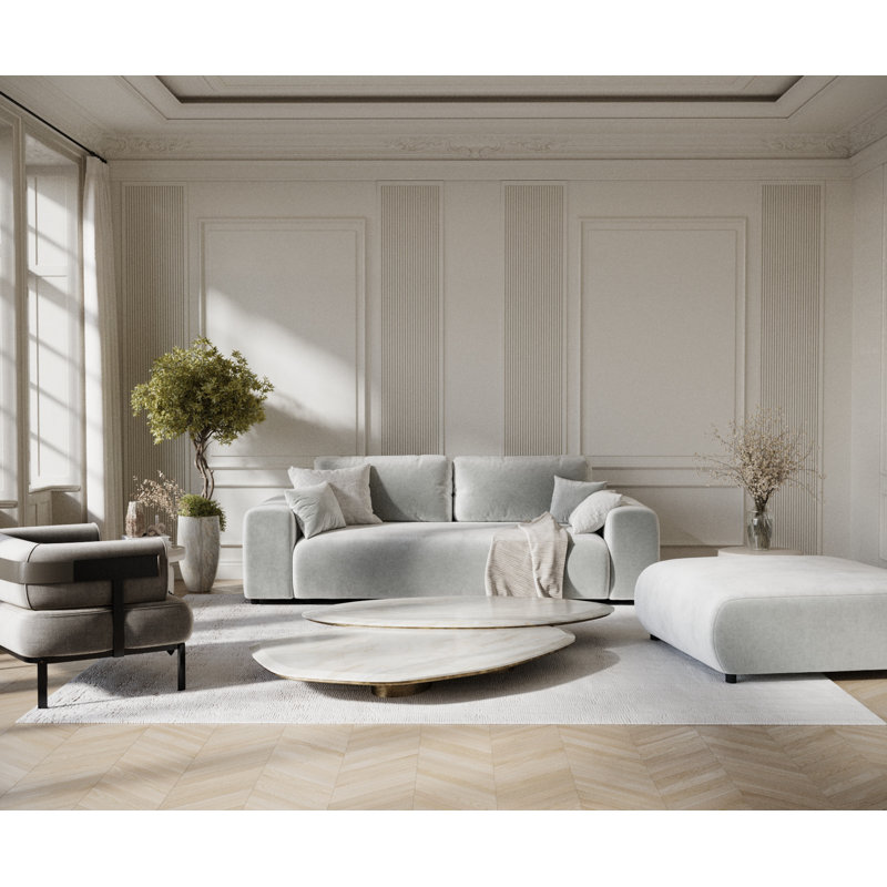 Three-seater square arm sofa, Light Grey Velvet