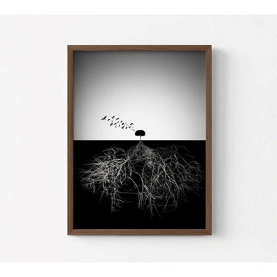 Racines et vol, art mural - Arbre monochrome avec oiseaux en vol