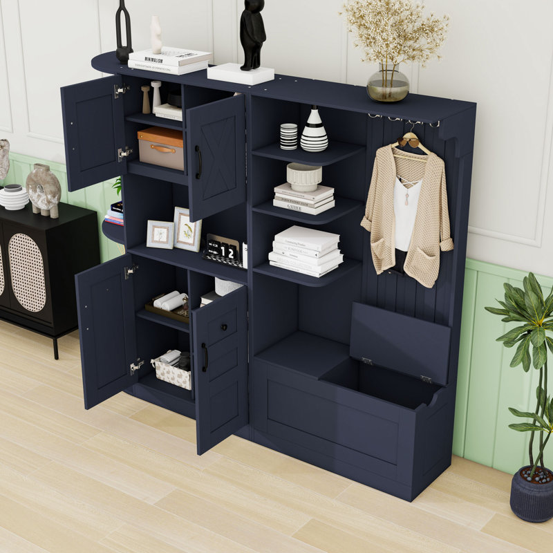 Combinaison armoire de rangement et arbre d'entrée, avec crochets, armoire de rangement, tablettes ouvertes et banc à chaussures
