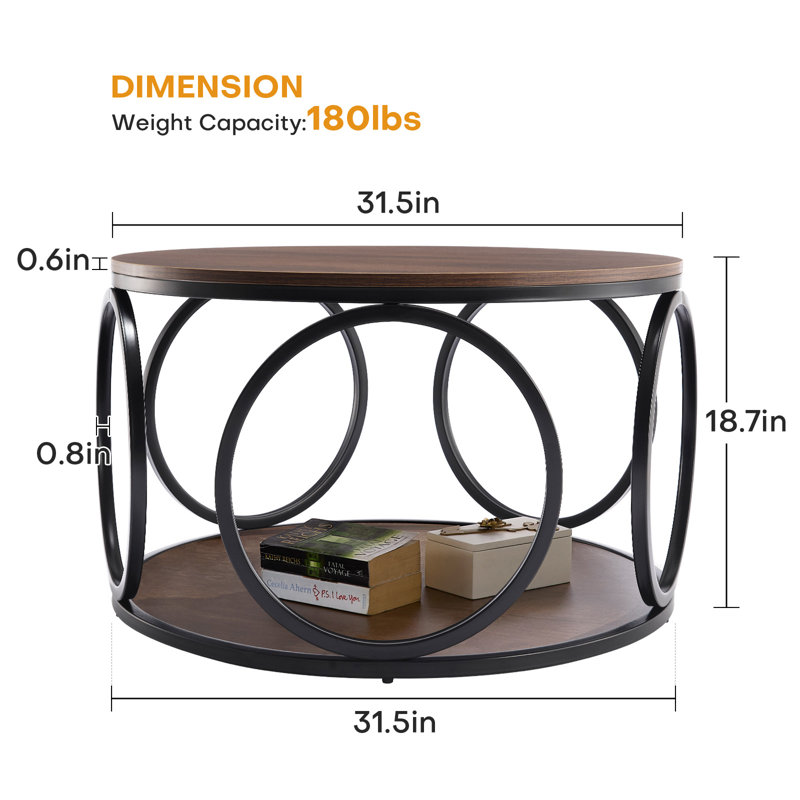 Carnforth 31.5" Round Coffee Table with 2-Tier Storage Shelves, Dark Brown Wood