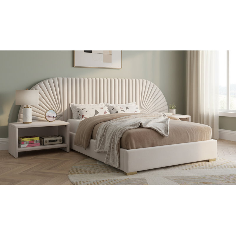 Upholstered Panel Bed, King, Cream Velvet