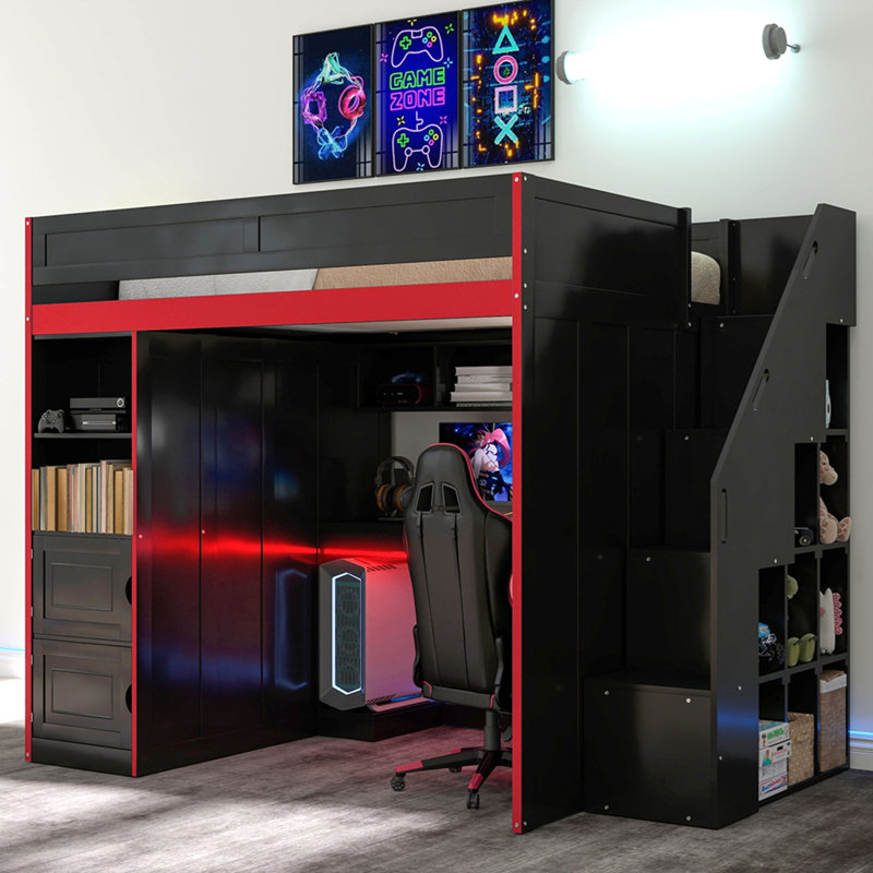 Lit mezzanine Gaming avec bureau et rangement, lumières DEL, lit simple