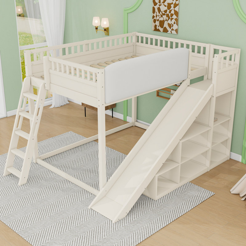 Lit mezzanine en bois avec glissoire et rangement, Beige, Grand lit
