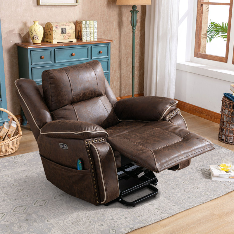 Khristina 40" Wide Vintage Vegan Leather Dual Motor Power Lift Assist Recliner with Adjustable Headrest & Hidden Cup Holders & USB Port & Heating & Massage