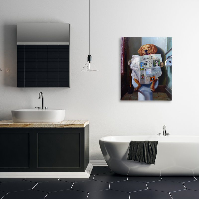Dog Reading the Newspaper On Toilet Funny - Floater Frame Graphic Art Print on Canvas, 40" H x 30" W