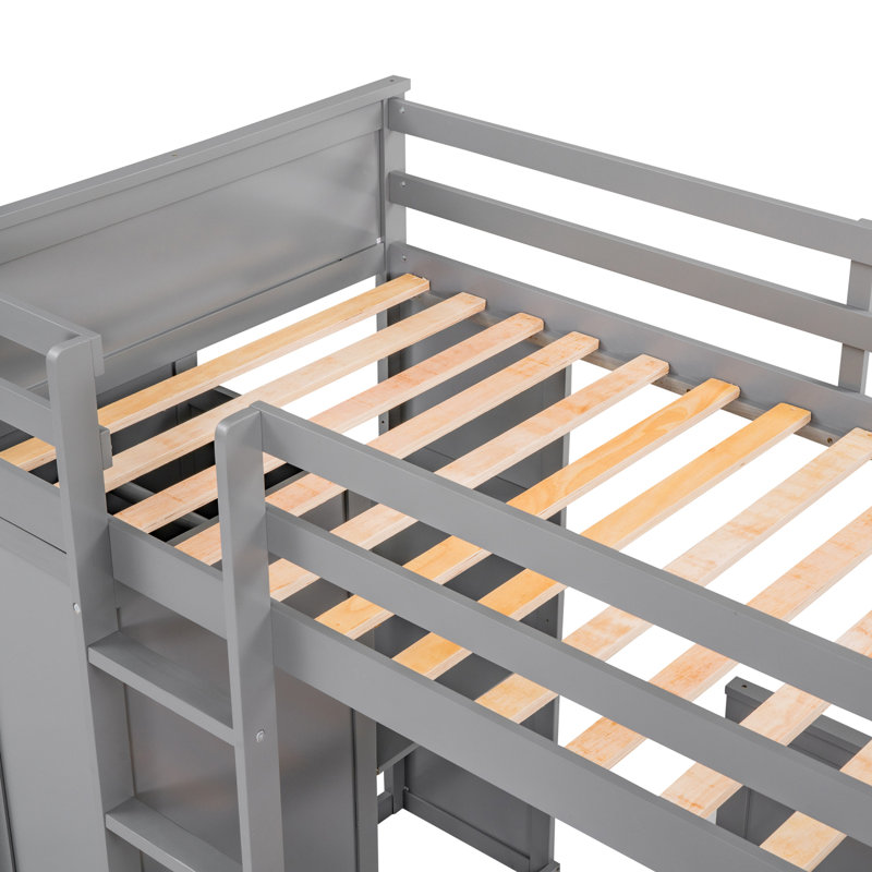 Lit mezzanine avec tablettes, bureau et garde-robe autonomes, Gris, Lit simple